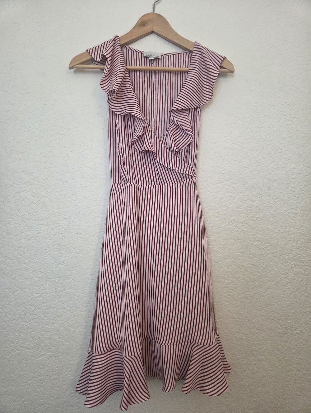 Lucy Paris Red White Striped Ruffle Wrap Midi Dress Tie Waist Size Small